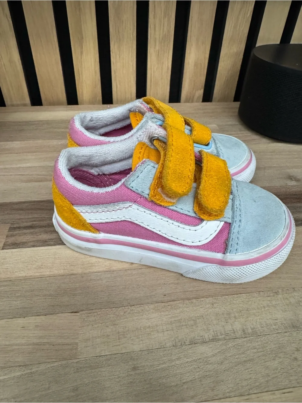 Vans Kids Velcro Sneakers in Yellow, Pink & Light Gray